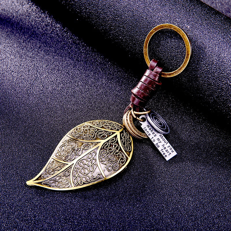 Brass leaf pendant for key Leather keychain keyring key chain ring holder cover for men's car keys women purse charms on a bag