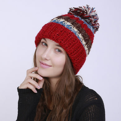 Pompom Hat Winter Cap Warm Skullies Beanies Women's Striped Hat Slouchy Knitted Hats for Girl Casual Cotton Cap Female Beanie