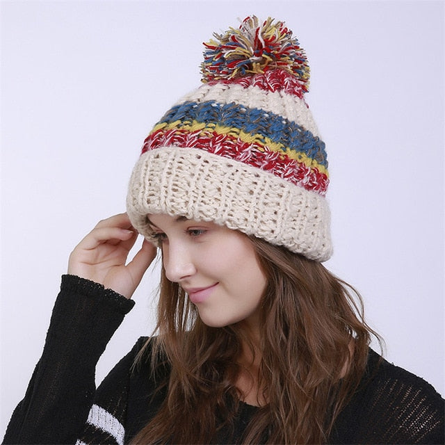 Pompom Hat Winter Cap Warm Skullies Beanies Women's Striped Hat Slouchy Knitted Hats for Girl Casual Cotton Cap Female Beanie