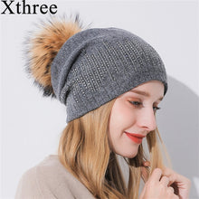 Load image into Gallery viewer, Xthree Winter Women&#39;s Hat With Raccoon Pom Pom Beanies Hat Cashmere Knitted Hat Keep Warm  Gorro Wool Hat Brand