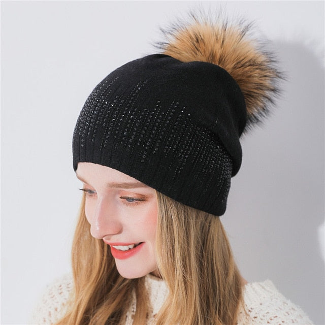 Xthree Winter Women's Hat With Raccoon Pom Pom Beanies Hat Cashmere Knitted Hat Keep Warm  Gorro Wool Hat Brand