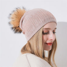 Load image into Gallery viewer, Xthree Winter Women&#39;s Hat With Raccoon Pom Pom Beanies Hat Cashmere Knitted Hat Keep Warm  Gorro Wool Hat Brand