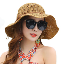 Load image into Gallery viewer, Women&#39;s Foldable Handmade Paper Straw Hat Wide Brim Hat Summer Beach Sun Straw Cap Floppy Hats