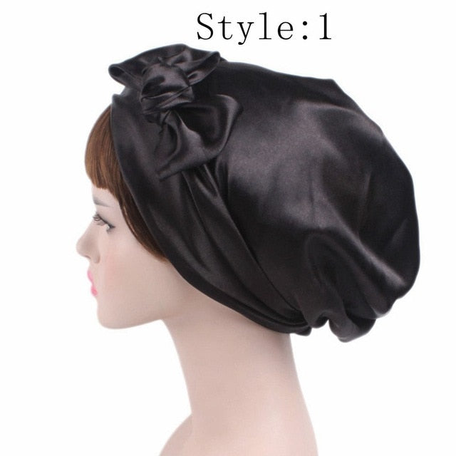 1 PC Women's Fashion Satin Bow Headscarf Turban Cap Soft Bonnet Hair Wrap Womens Sleeping Cap