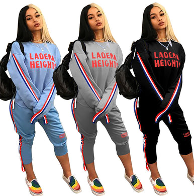 Women Fashion Letter Printed 2 Pieces Outfits O-Neck Sweatshirt + Long Pants with Striped Edge