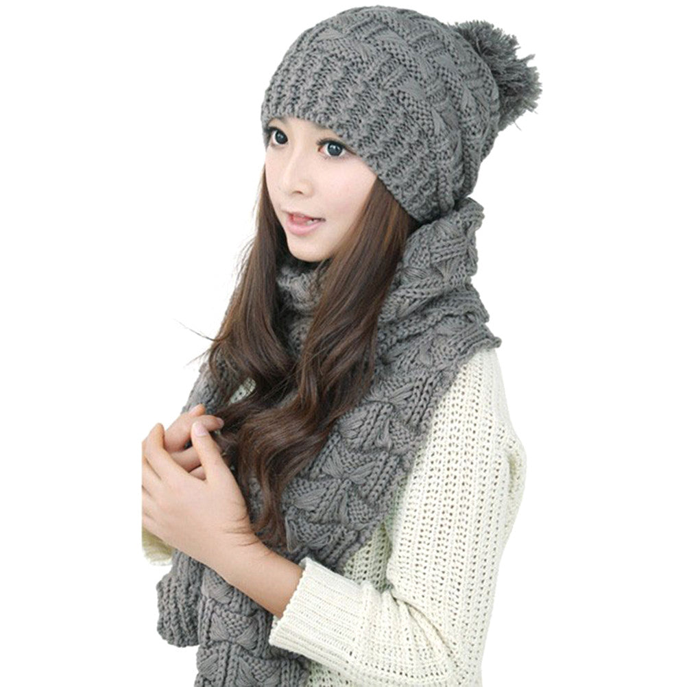 Stretchy Knit Beanie Warm Winter Hat Set Skully Cap Soft Scarf Set