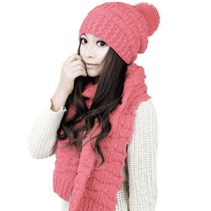 Stretchy Knit Beanie Warm Winter Hat Set Skully Cap Soft Scarf Set