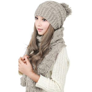 Stretchy Knit Beanie Warm Winter Hat Set Skully Cap Soft Scarf Set