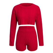 Load image into Gallery viewer, Glamaker Knitted two-piece suit solid jumpsuits rompers Women winter sexy crop playsuit Streetwear long sleeve top short rompers