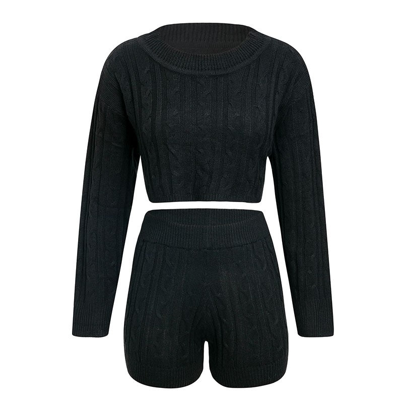 Glamaker Knitted two-piece suit solid jumpsuits rompers Women winter sexy crop playsuit Streetwear long sleeve top short rompers