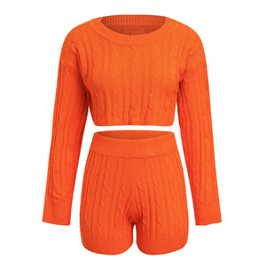 Glamaker Knitted two-piece suit solid jumpsuits rompers Women winter sexy crop playsuit Streetwear long sleeve top short rompers