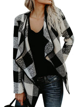 Load image into Gallery viewer, Women Long Sleeve Lapel Collar Open Front Asymmetric Hem Plaid Cardigan Coat