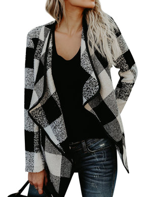 Women Long Sleeve Lapel Collar Open Front Asymmetric Hem Plaid Cardigan Coat