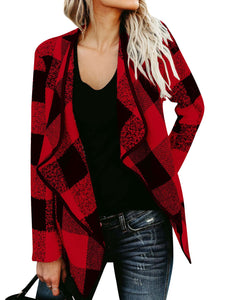 Women Long Sleeve Lapel Collar Open Front Asymmetric Hem Plaid Cardigan Coat