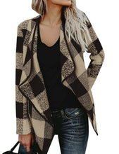 Load image into Gallery viewer, Women Long Sleeve Lapel Collar Open Front Asymmetric Hem Plaid Cardigan Coat