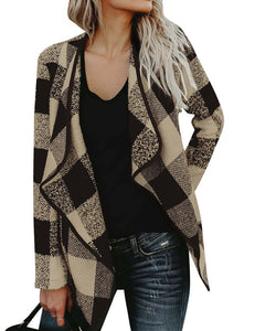 Women Long Sleeve Lapel Collar Open Front Asymmetric Hem Plaid Cardigan Coat