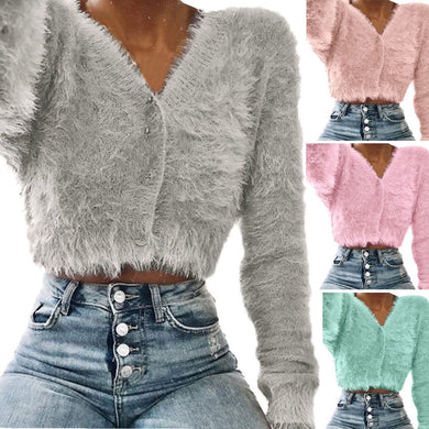 Women Fashion V-neck Long Sleeve Furry Casual  Sweater Crop  Popular Women Tops