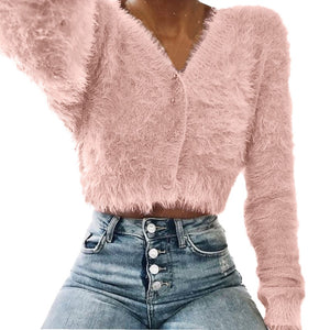 Women Fashion V-neck Long Sleeve Furry Casual  Sweater Crop  Popular Women Tops