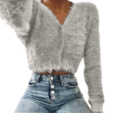 Load image into Gallery viewer, Women Fashion V-neck Long Sleeve Furry Casual  Sweater Crop  Popular Women Tops