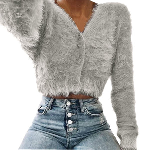 Women Fashion V-neck Long Sleeve Furry Casual  Sweater Crop  Popular Women Tops