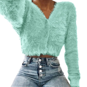 Women Fashion V-neck Long Sleeve Furry Casual  Sweater Crop  Popular Women Tops