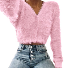 Load image into Gallery viewer, Women Fashion V-neck Long Sleeve Furry Casual  Sweater Crop  Popular Women Tops