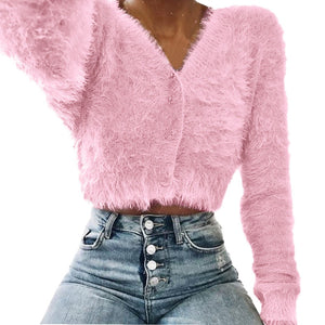 Women Fashion V-neck Long Sleeve Furry Casual  Sweater Crop  Popular Women Tops
