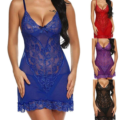 Womens Plus Size Eyelash Lace Lingerie V-neck Lace Details Pajamas