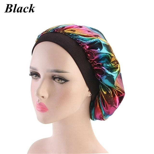 1PC Women Wide Band Satin silk Bonnet Cap Comfortable Night Sleep Cap Ladies Soft Silk Long Hair Care Bath Bonnet Headwrap